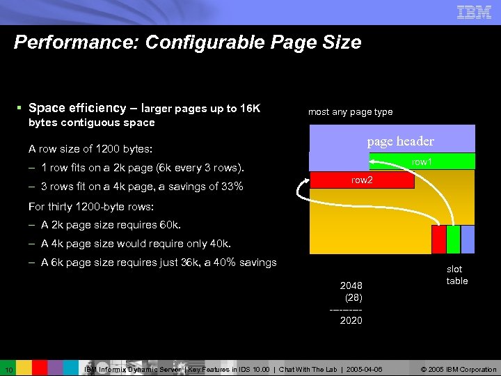 Performance: Configurable Page Size § Space efficiency – larger pages up to 16 K