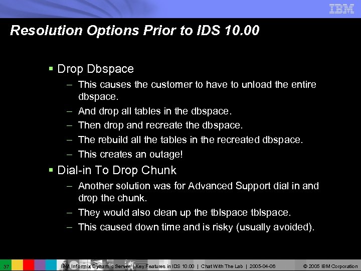 Resolution Options Prior to IDS 10. 00 § Drop Dbspace – This causes the