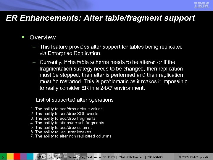 ER Enhancements: Alter table/fragment support § Overview – This feature provides alter support for