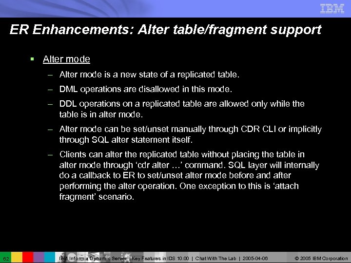 ER Enhancements: Alter table/fragment support § Alter mode – Alter mode is a new