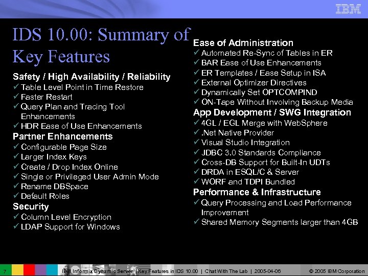 IDS 10. 00: Summary of Ease of Administration ü Automated Re-Sync of Tables in