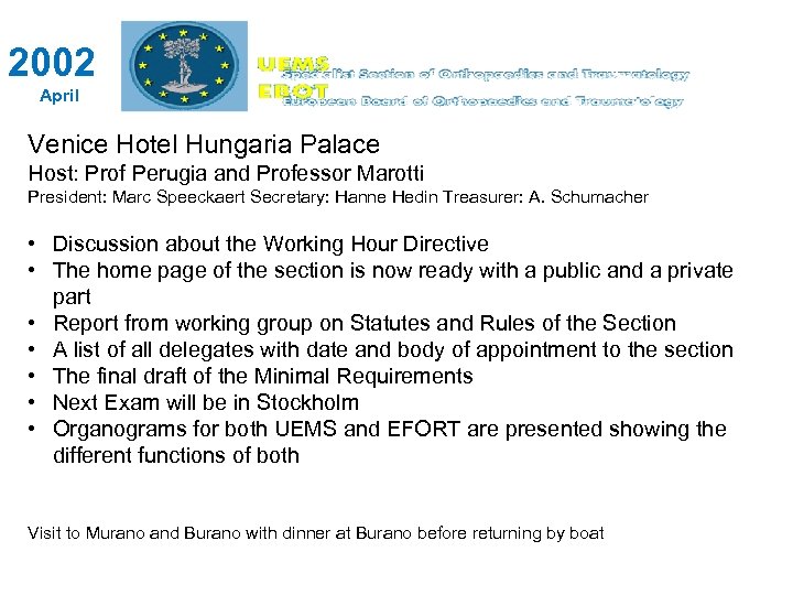 2002 April Venice Hotel Hungaria Palace Host: Prof Perugia and Professor Marotti President: Marc