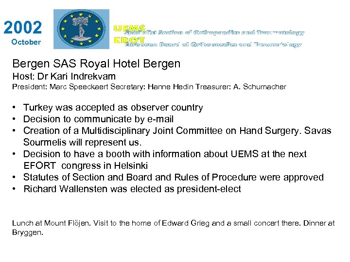 2002 October Bergen SAS Royal Hotel Bergen Host: Dr Kari Indrekvam President: Marc Speeckaert