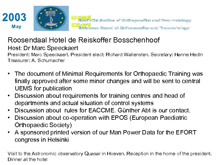 2003 May Roosendaal Hotel de Reiskoffer Bosschenhoof Host: Dr Marc Speeckaert President: Marc Speeckaert.