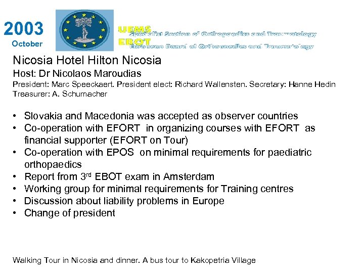 2003 October Nicosia Hotel Hilton Nicosia Host: Dr Nicolaos Maroudias President: Marc Speeckaert. President