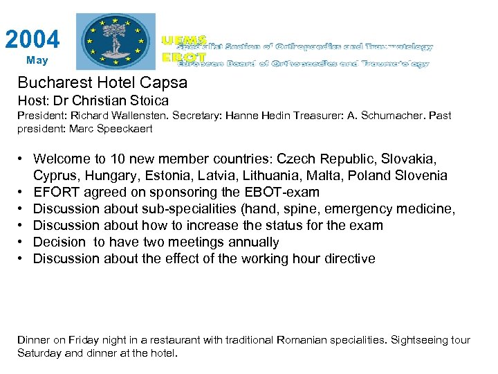 2004 May Bucharest Hotel Capsa Host: Dr Christian Stoica President: Richard Wallensten. Secretary: Hanne