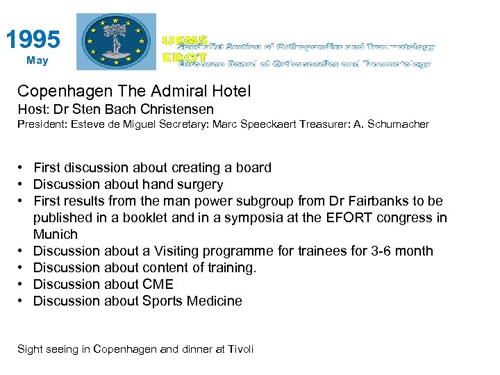 1995 May Copenhagen The Admiral Hotel Host: Dr Sten Bach Christensen President: Esteve de