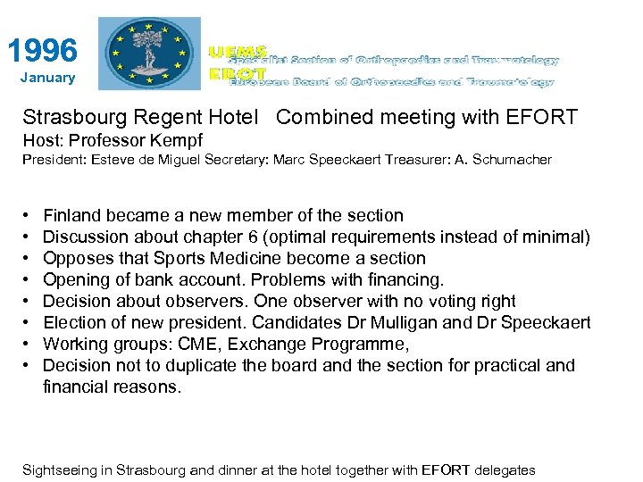 1996 January Strasbourg Regent Hotel Combined meeting with EFORT Host: Professor Kempf President: Esteve