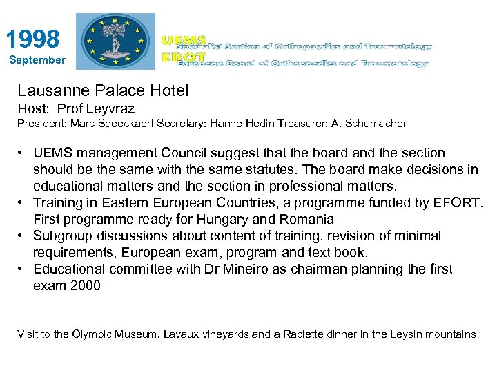 1998 September Lausanne Palace Hotel Host: Prof Leyvraz President: Marc Speeckaert Secretary: Hanne Hedin