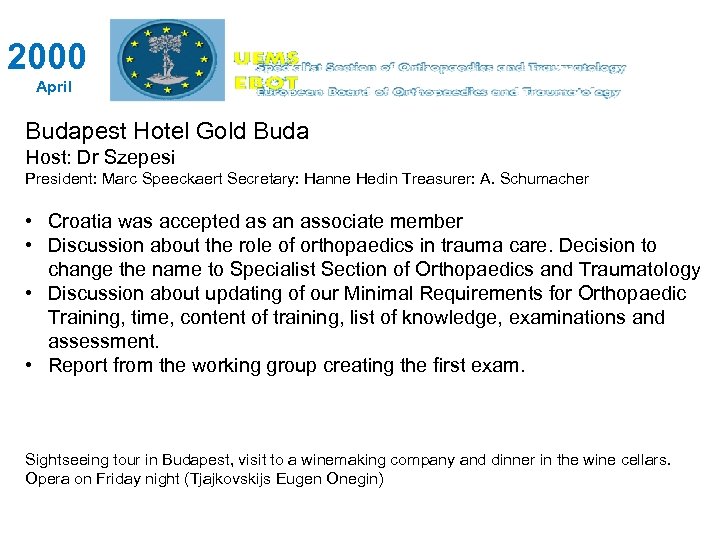 2000 April Budapest Hotel Gold Buda Host: Dr Szepesi President: Marc Speeckaert Secretary: Hanne