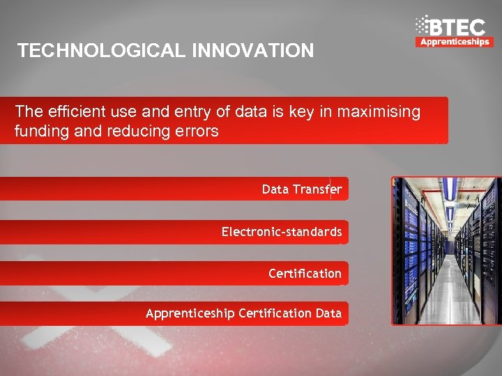 TECHNOLOGICAL INNOVATION The efficient use and entry of data is key in maximising funding