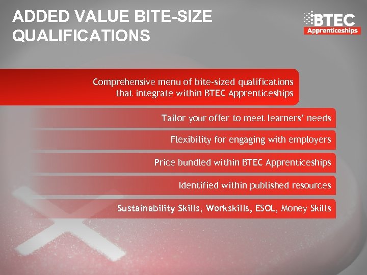 ADDED VALUE BITE-SIZE QUALIFICATIONS Comprehensive menu of bite-sized qualifications that integrate within BTEC Apprenticeships