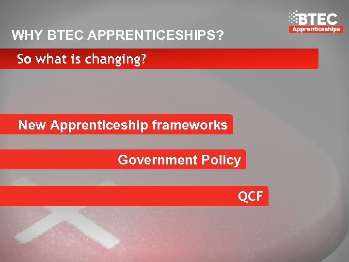 WHY BTEC APPRENTICESHIPS? So what is changing? New Apprenticeship frameworks Government Policy QCF 