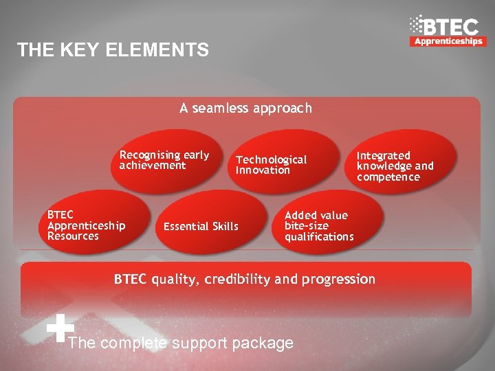 THE KEY ELEMENTS A seamless approach Recognising early achievement BTEC Apprenticeship Resources Technological Innovation