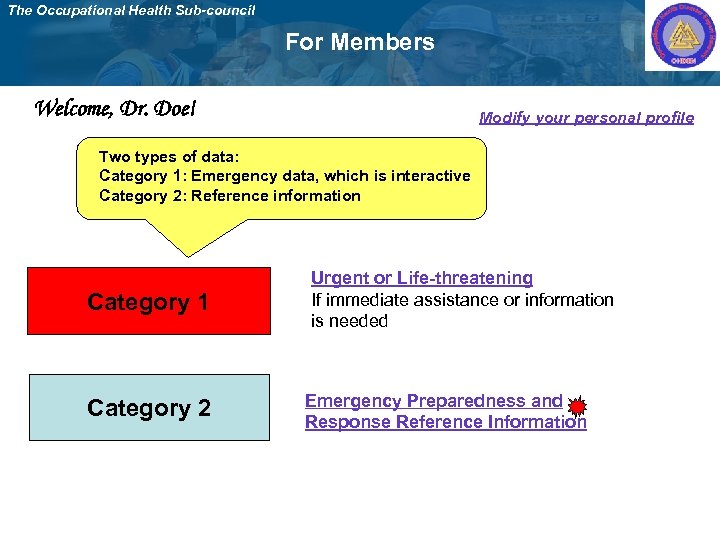 The Occupational Health Sub-council For Members Welcome, Dr. Doe! Modify your personal profile Two