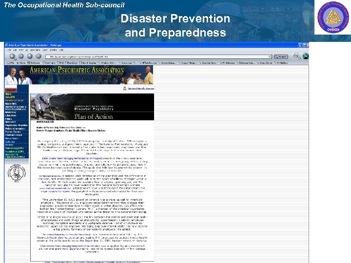 The Occupational Health Sub-council Disaster Prevention and Preparedness 