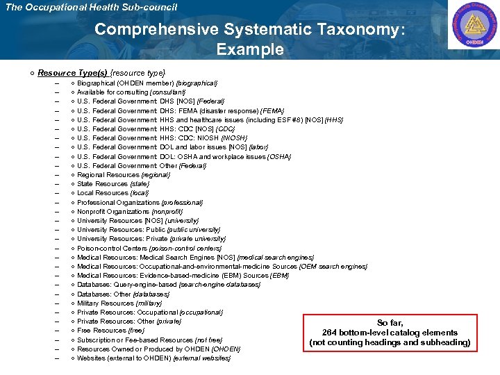 The Occupational Health Sub-council Comprehensive Systematic Taxonomy: Example ○ Resource Type(s) {resource type} –