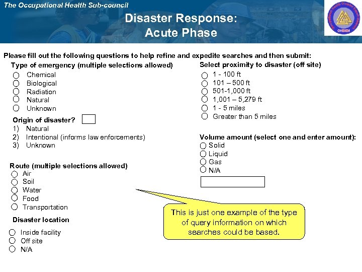 The Occupational Health Sub-council Disaster Response: Acute Phase Please fill out the following questions