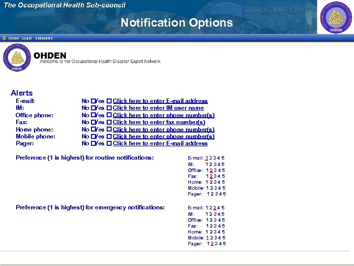 The Occupational Health Sub-council Notification Options Alerts E-mail: IM: Office phone: Fax: Home phone: