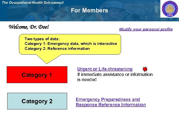 The Occupational Health Sub-council For Members Welcome, Dr. Doe! Modify your personal profile Two