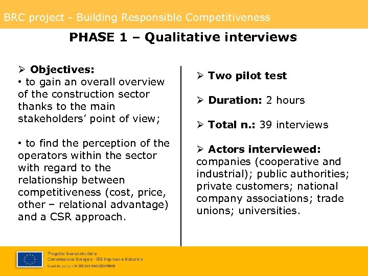BRC project - Building Responsible Competitiveness PHASE 1 – Qualitative interviews Ø Objectives: •