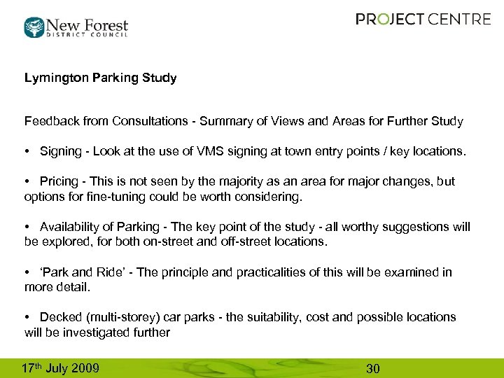 Lymington Parking Study Feedback from Consultations - Summary of Views and Areas for Further