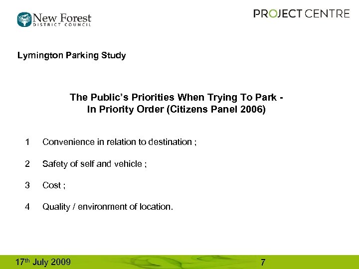 Lymington Parking Study The Public’s Priorities When Trying To Park In Priority Order (Citizens