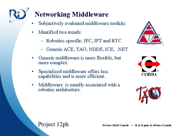 Networking Middleware • Subjectively evaluated middleware toolkits • Identified two trends: – Robotics-specific, IPC,