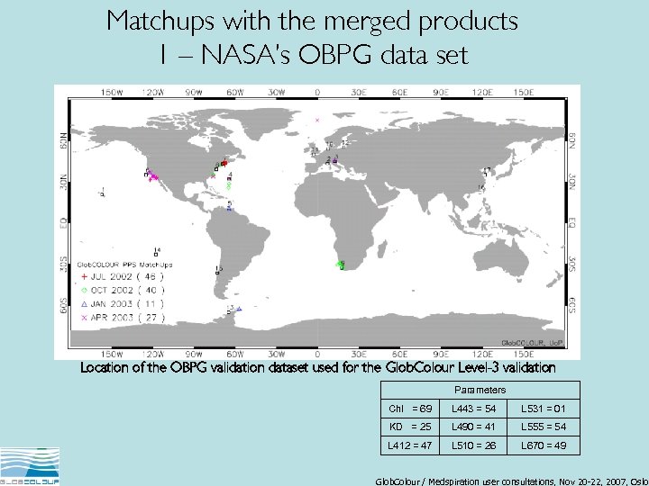 Matchups with the merged products 1 – NASA’s OBPG data set Location of the