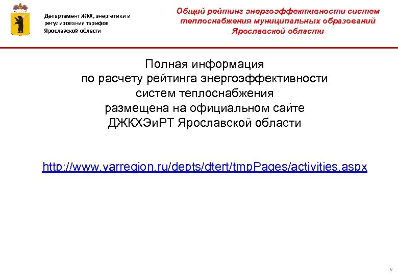 Департамент ЖКХ, энергетики и регулирования тарифов Ярославской области Общий рейтинг энергоэффективности систем теплоснабжения муниципальных