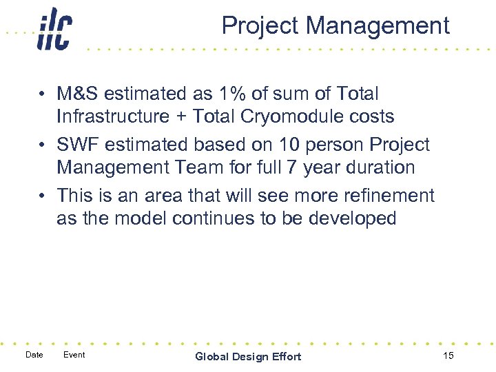 Project Management • M&S estimated as 1% of sum of Total Infrastructure + Total