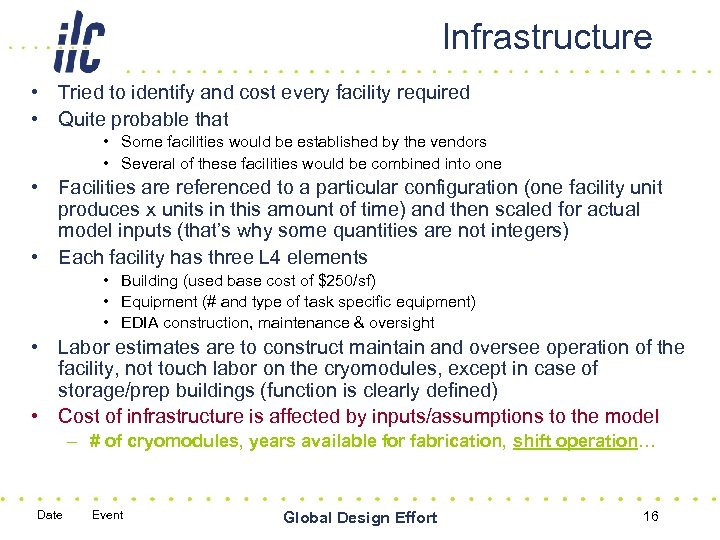 Infrastructure • Tried to identify and cost every facility required • Quite probable that