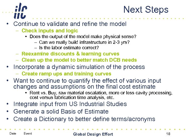 Next Steps • Continue to validate and refine the model – Check inputs and