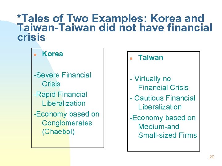 *Tales of Two Examples: Korea and Taiwan-Taiwan did not have financial crisis n Korea