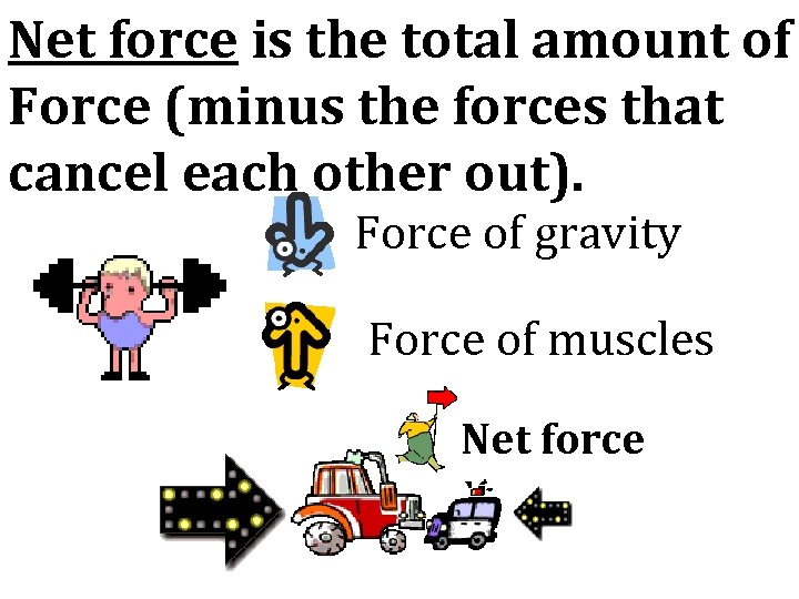 Net force is the total amount of Force (minus the forces that cancel each
