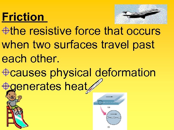 Friction the resistive force that occurs when two surfaces travel past each other. causes