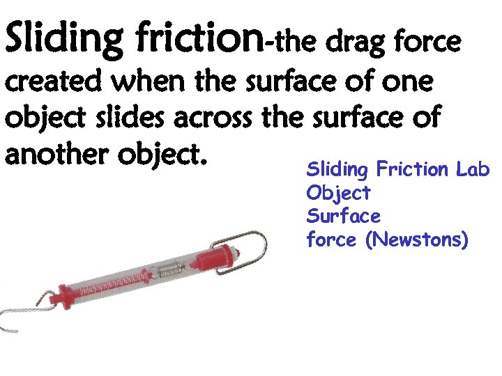 Sliding friction-the drag force created when the surface of one object slides across the
