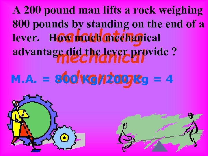 A 200 pound man lifts a rock weighing 800 pounds by standing on the