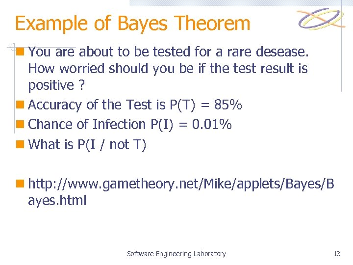 Example of Bayes Theorem n You are about to be tested for a rare
