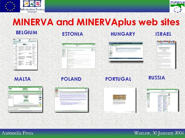 MINERVA and MINERVAplus web sites BELGIUM ESTONIA MALTA POLAND Antonella Fresa HUNGARY PORTUGAL ISRAEL