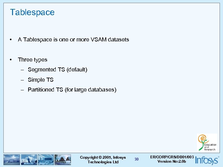 Tablespace • A Tablespace is one or more VSAM datasets • Three types –