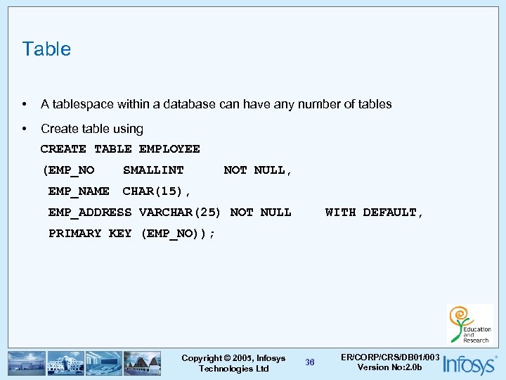 Table • A tablespace within a database can have any number of tables •