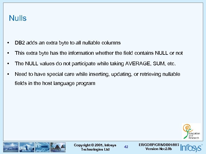 Nulls • DB 2 adds an extra byte to all nullable columns • This