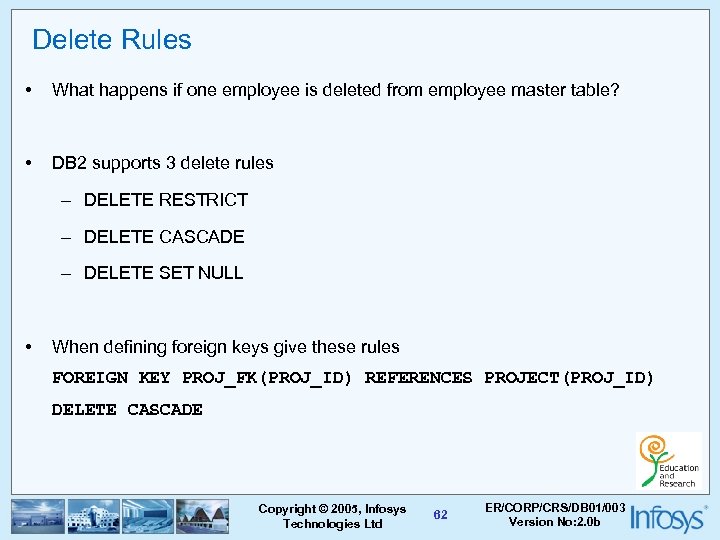 Delete Rules • What happens if one employee is deleted from employee master table?