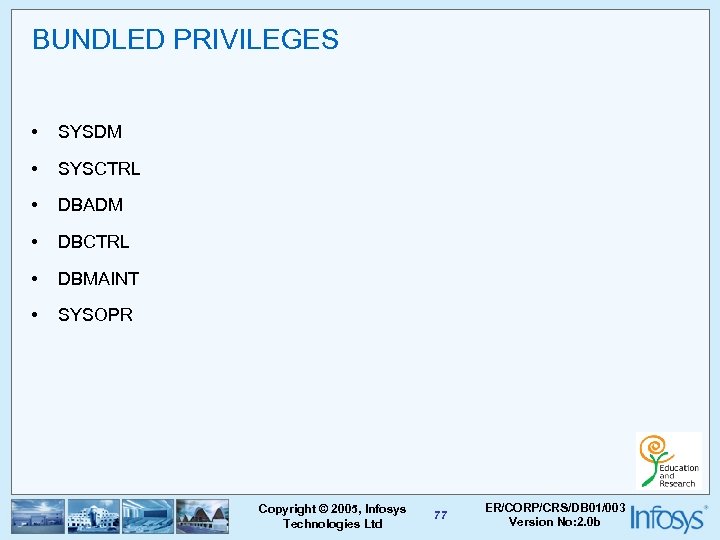 BUNDLED PRIVILEGES • SYSDM • SYSCTRL • DBADM • DBCTRL • DBMAINT • SYSOPR