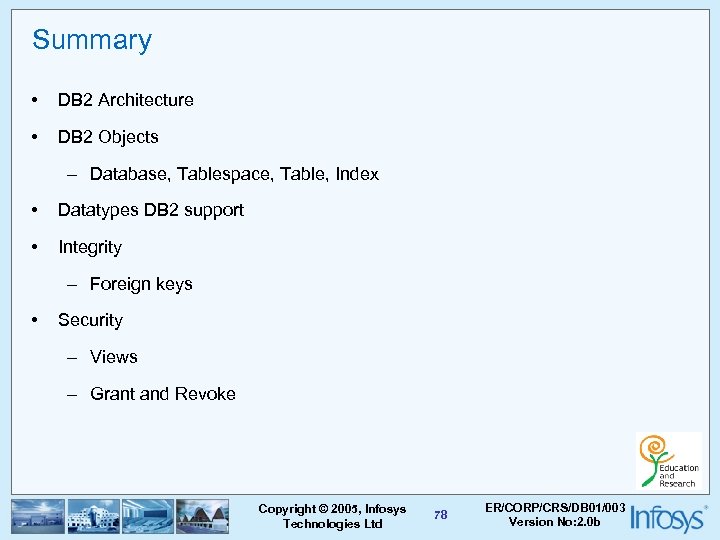 Summary • DB 2 Architecture • DB 2 Objects – Database, Tablespace, Table, Index