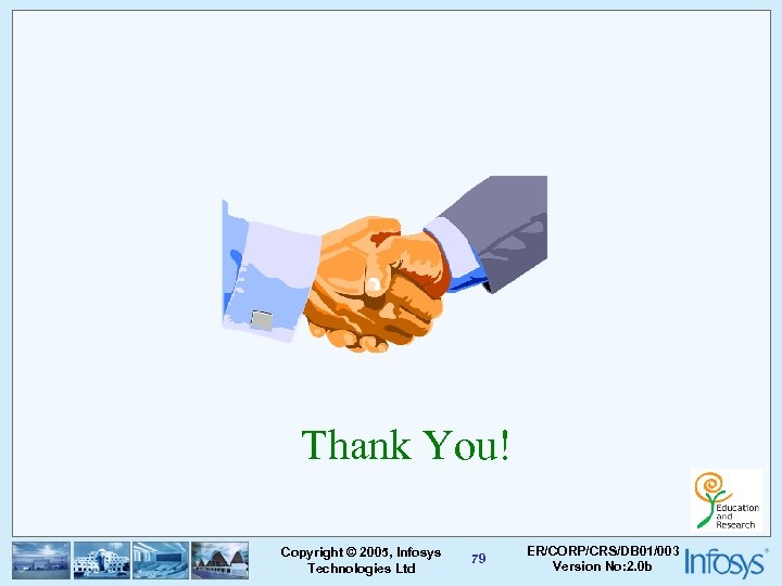 Thank You! Copyright © 2005, Infosys Technologies Ltd 79 ER/CORP/CRS/DB 01/003 Version No: 2.