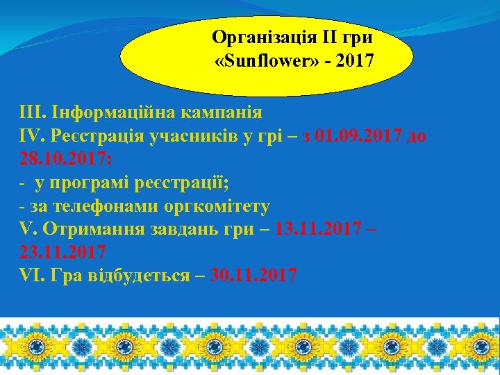 Організація ІІ гри «Sunflower» - 2017 ІІІ. Інформаційна кампанія ІV. Реєстрація учасників у грі