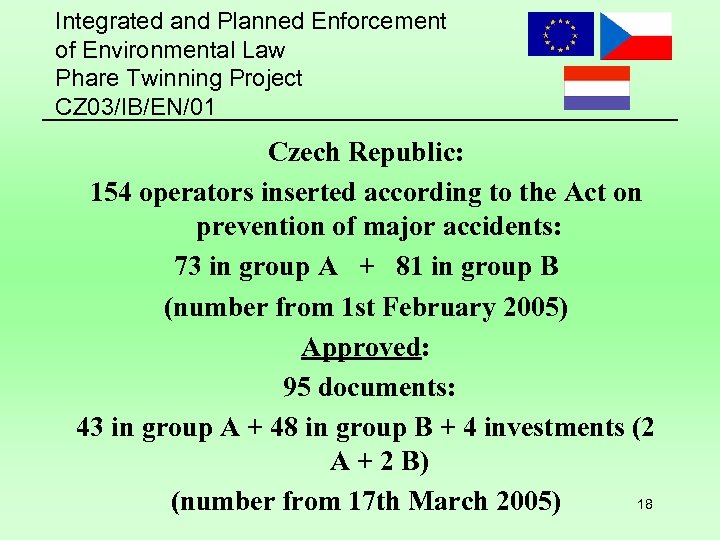 Integrated and Planned Enforcement of Environmental Law Phare Twinning Project CZ 03/IB/EN/01 Czech Republic: