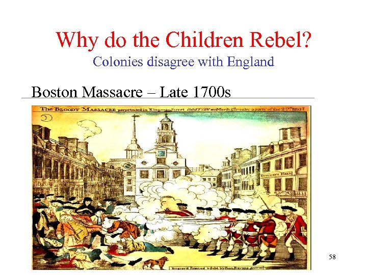Why do the Children Rebel? Colonies disagree with England Boston Massacre – Late 1700